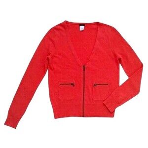 J Crew Orange Coral Dream Zip Pocket Wool Cashmere Deep V-Neck Cardigan Size M